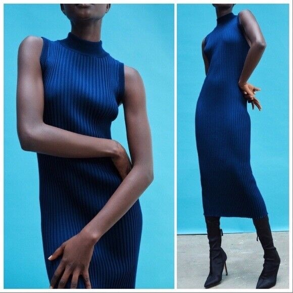 Zara Dresses & Skirts - LIKE NEW Zara Navy Blue Ribbed Knit Midi Dress Stretchy Long Sleeveless Shaping